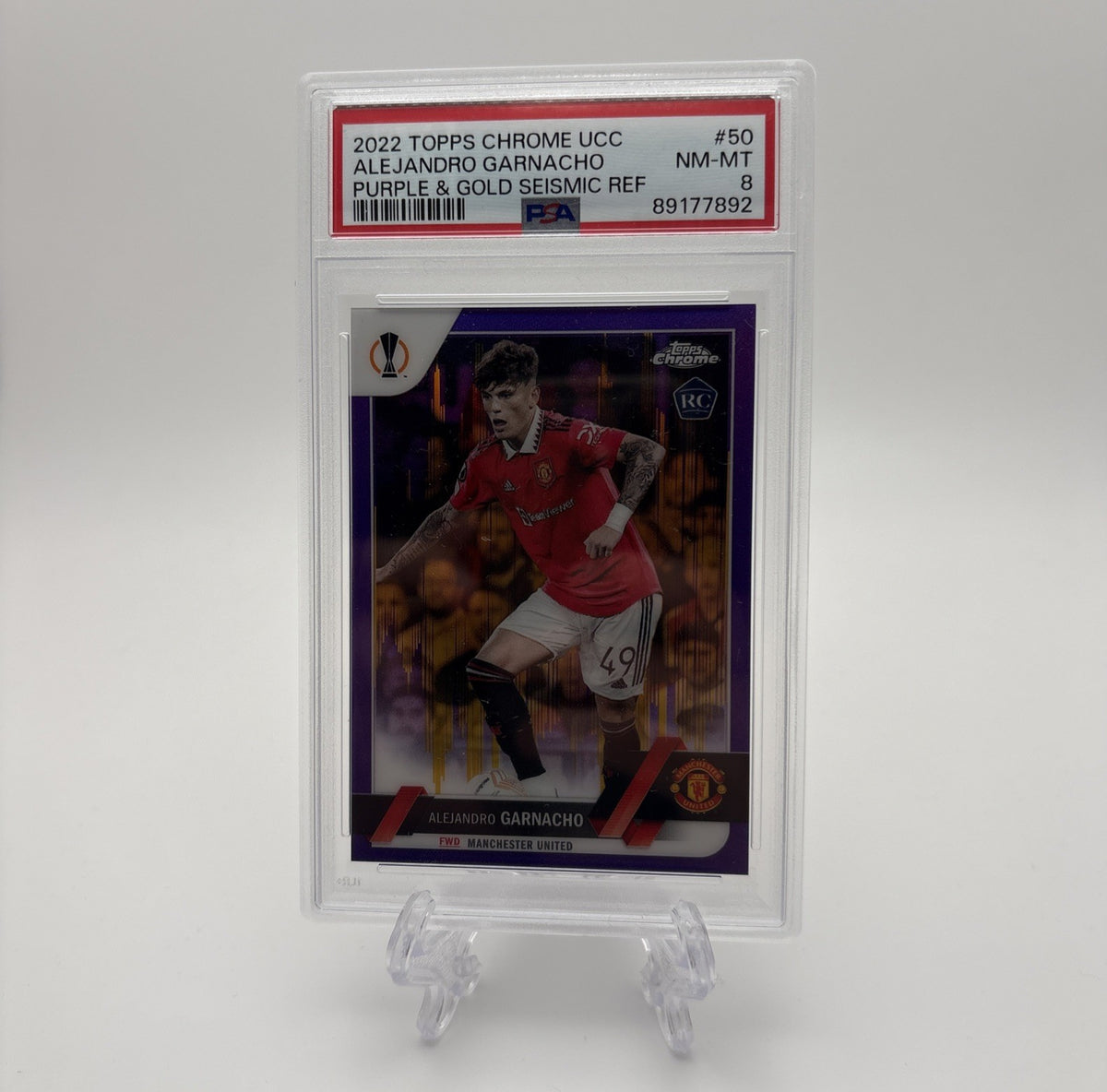 2022 Topps Chrome UCC - Purple & Gold Seismic Ref. Alejandro Garnacho #50 PSA 8