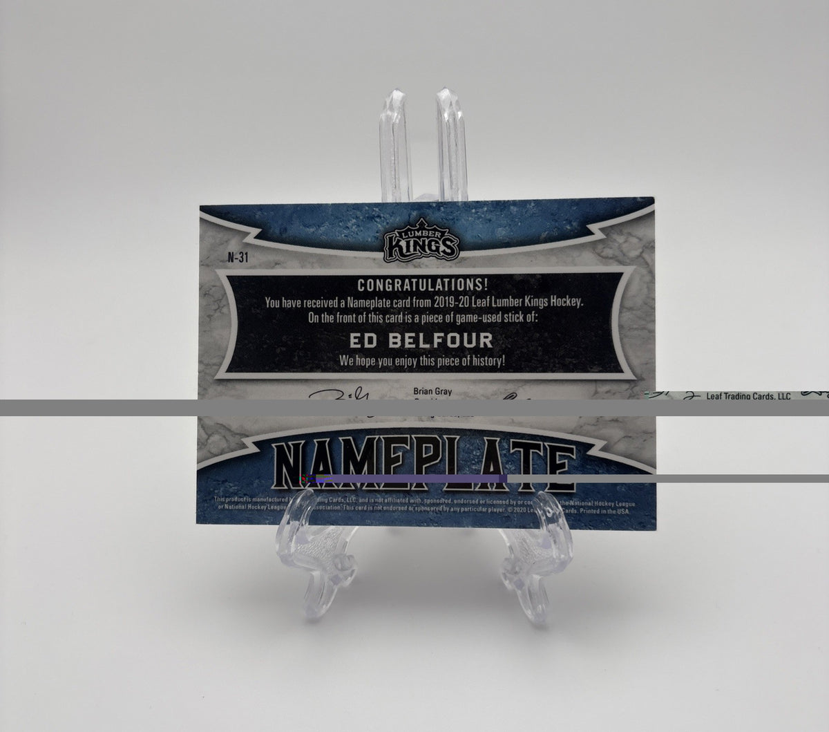2019-20 Leaf Lumber Kings Hockey - 1/1 Nameplate Ed Belfour #N-31